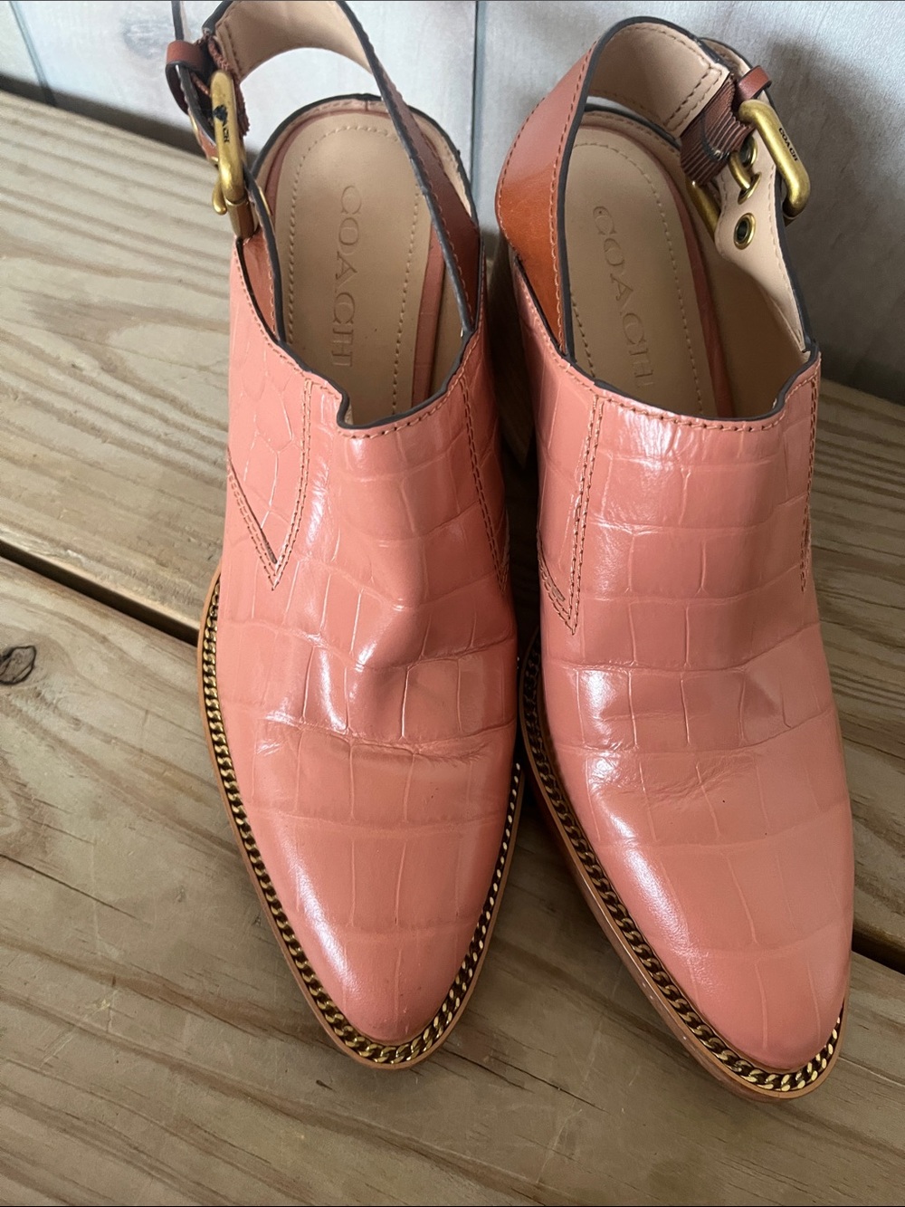COACH Coral Croc-Embossed Slingback Mules with Gold Trim